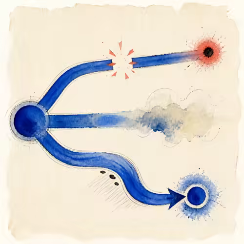 Watercolor illustration of a cobalt link path meeting one coral break while other paths fade behind cream mist
