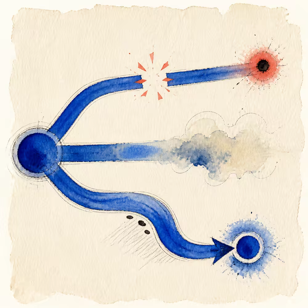 Watercolor illustration of a cobalt link path meeting one coral break while other paths fade behind cream mist