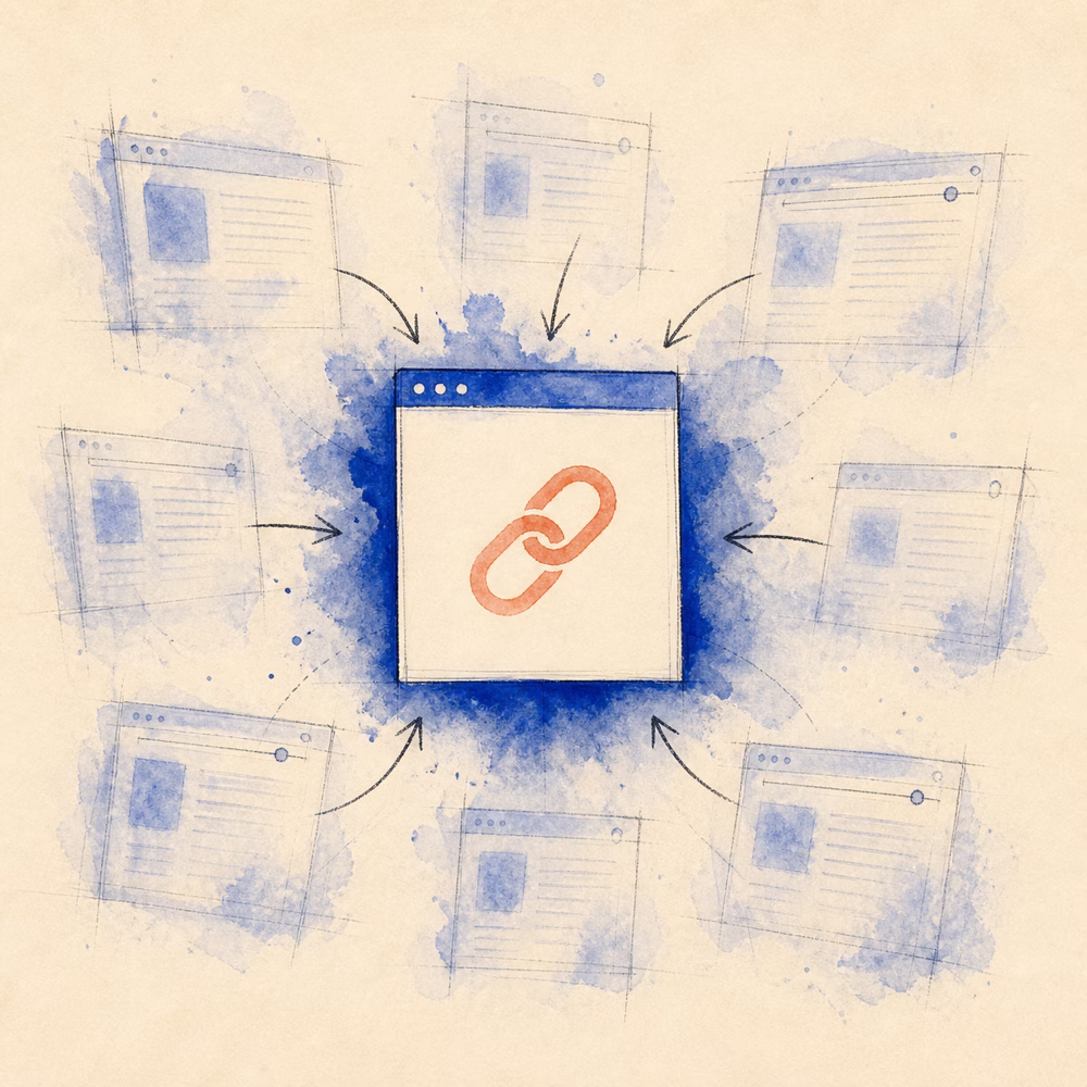 Watercolor illustration of several webpage paths converging on one preferred page with a coral link symbol