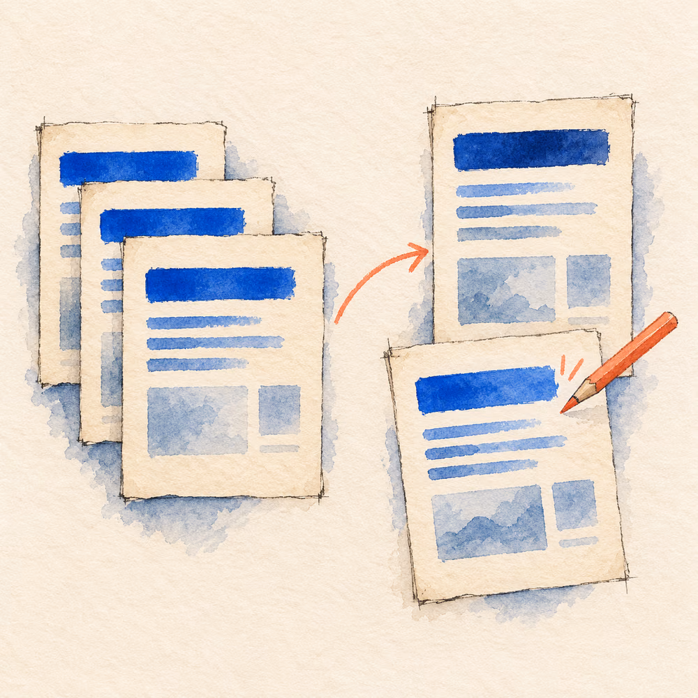 Watercolor illustration of repeated webpage labels becoming distinct after a shared template is repaired