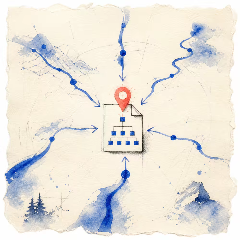 Watercolor illustration of cobalt paths converging on a small coral document marker in a cream paper landscape