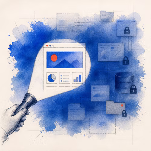 Watercolor illustration of a flashlight revealing verifiable public webpage evidence while private data remains locked