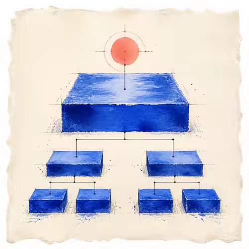 Watercolor illustration of nested cobalt paper steps forming a clear hierarchy with one coral focal mark