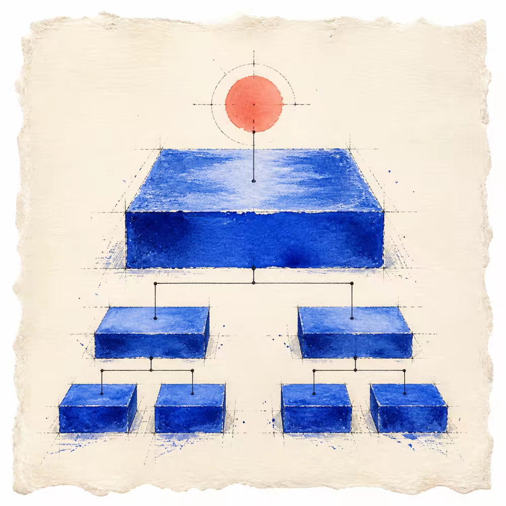 Watercolor illustration of nested cobalt paper steps forming a clear hierarchy with one coral focal mark