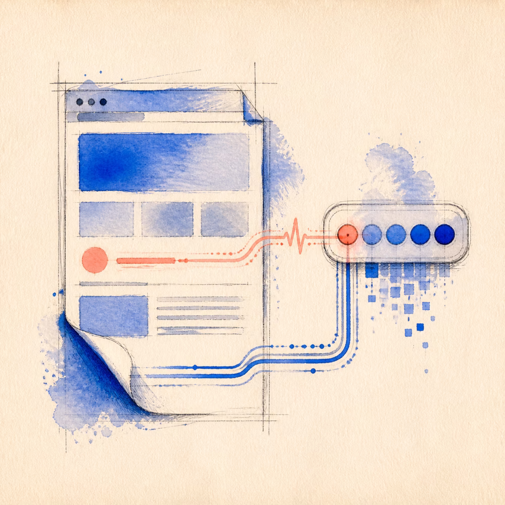 Watercolor illustration of a webpage sending a coral response pulse into a five-part cobalt status gauge