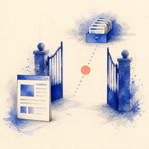 Watercolor illustration of a webpage passing through an open gate toward a separate archive of indexed pages