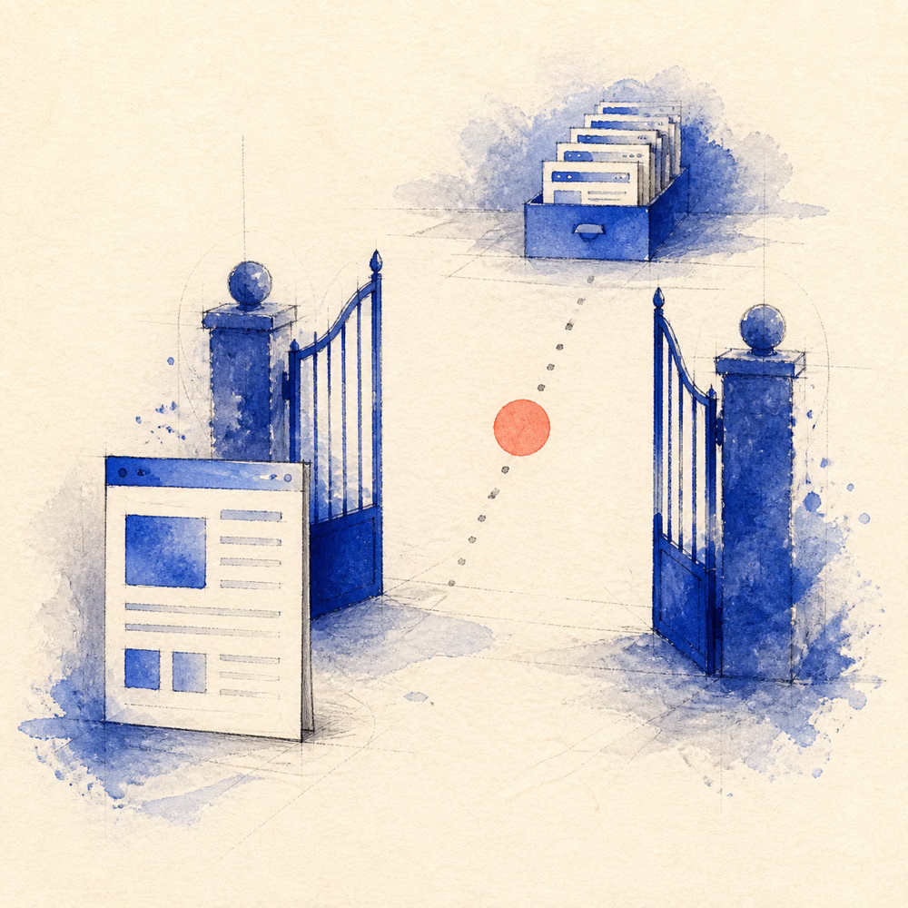 Watercolor illustration of a webpage passing through an open gate toward a separate archive of indexed pages