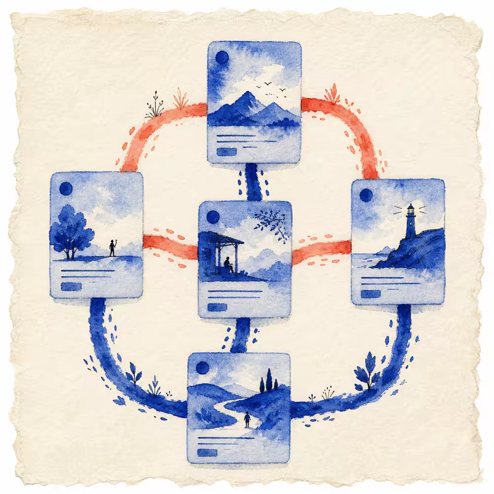 Watercolor illustration of cobalt content cards connected by clear coral paths across textured cream paper