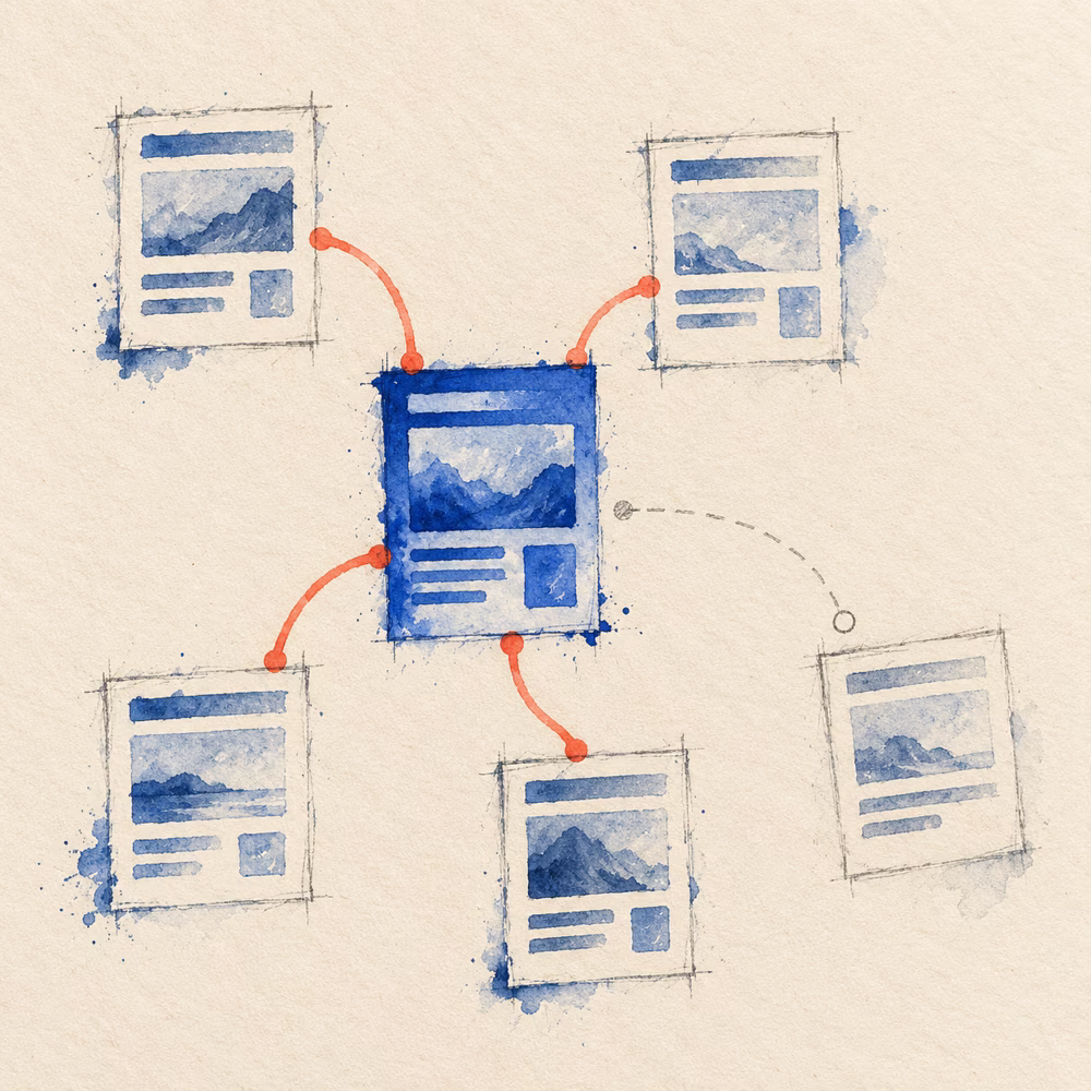 Watercolor webpage cards connected by deliberate coral paths, with a pencil path proposed for a disconnected card