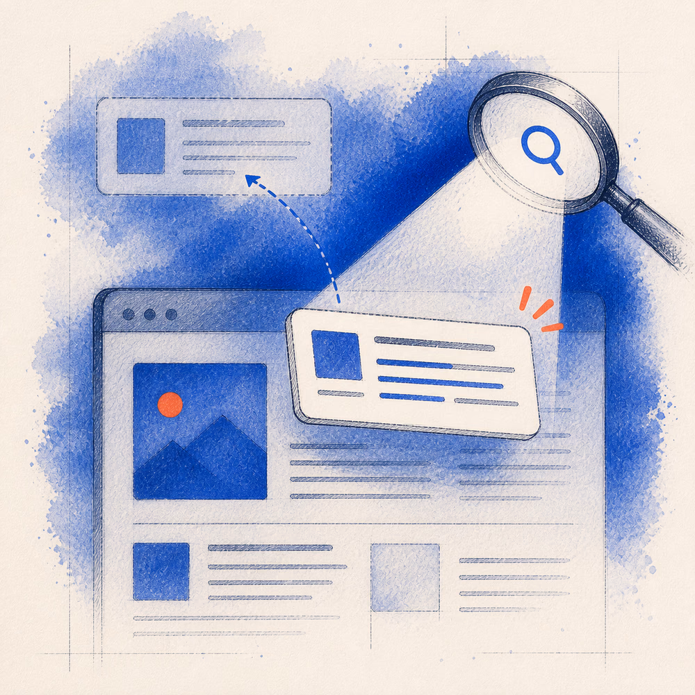 Watercolor illustration of a search spotlight selecting a relevant page passage instead of a prepared summary
