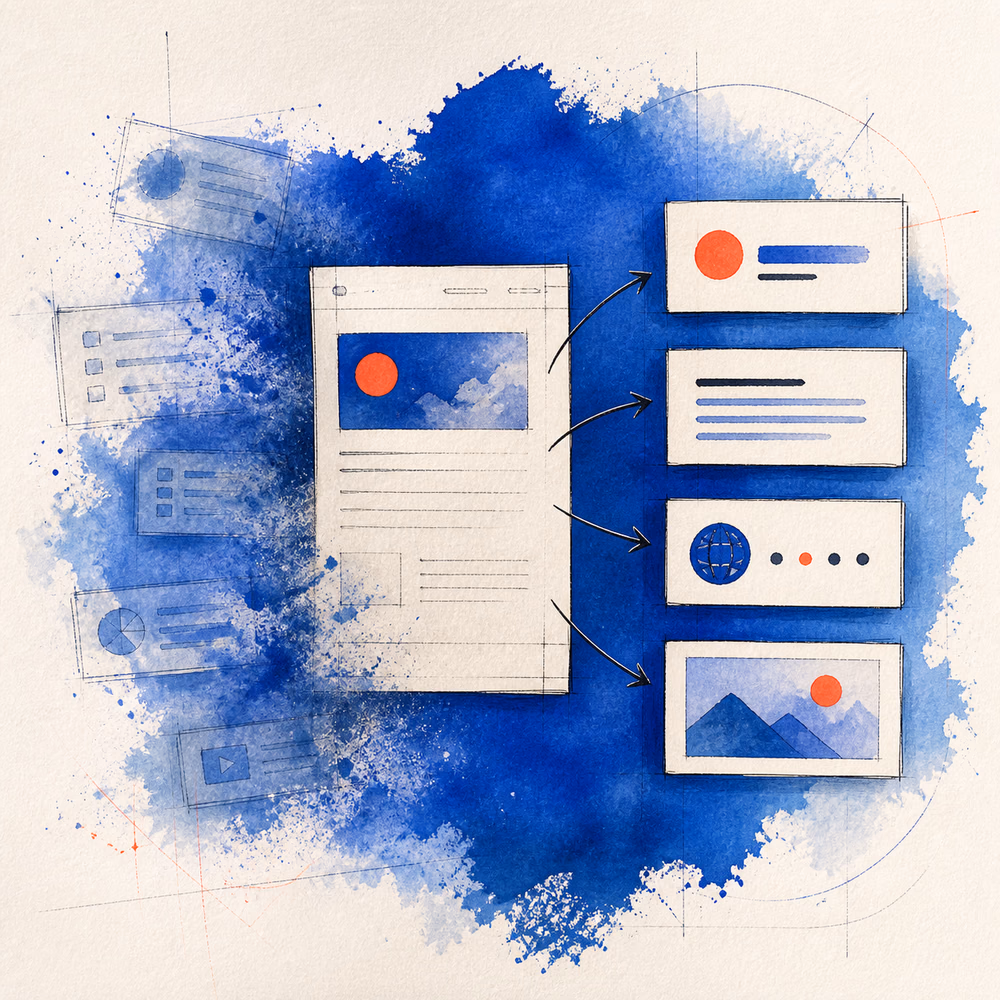 Watercolor illustration of a webpage separating essential metadata cards from an unfinished checklist