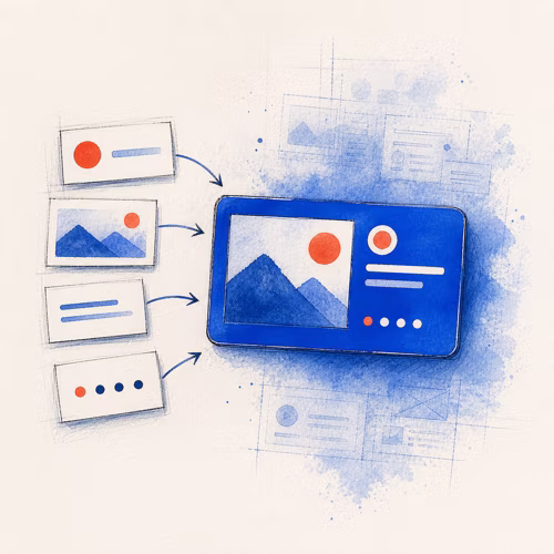 Watercolor illustration of four essential metadata pieces assembling into one useful social link preview
