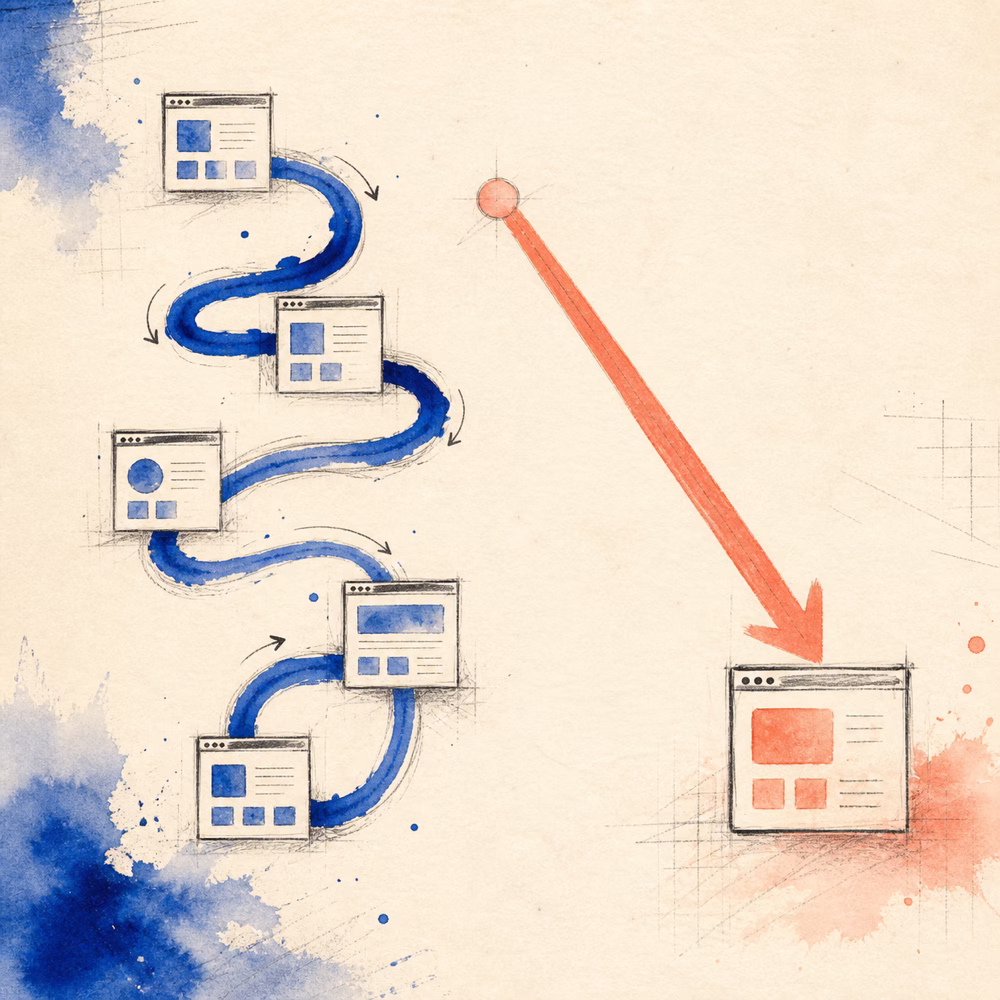 Watercolor illustration contrasting a winding chain of webpage hops with one direct coral route to the final page