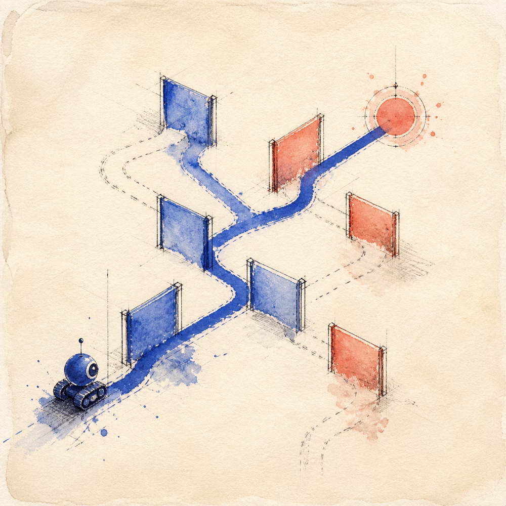 Watercolor illustration of a small crawler following branching cobalt paths through blue and coral access gates