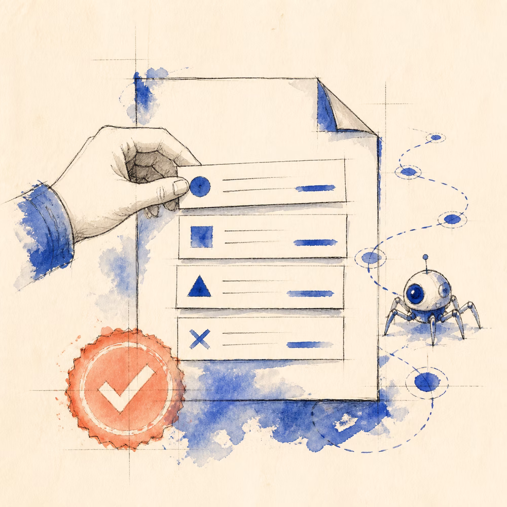 Watercolor illustration of a hand arranging abstract rule strips into a robots file beside a crawler path and coral check seal