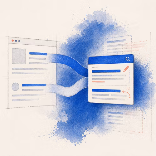 Watercolor illustration of webpage signals flowing into a search result and being gently rearranged