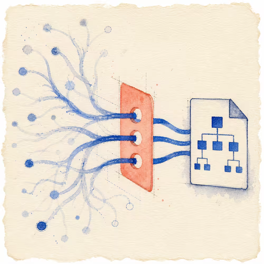 Watercolor illustration of selected cobalt paths entering a coral sitemap document while faint alternate paths remain outside