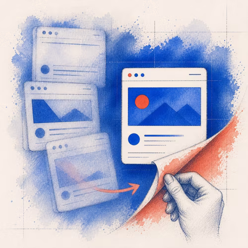 Watercolor illustration of stale social preview layers being peeled away to reveal one correct link card