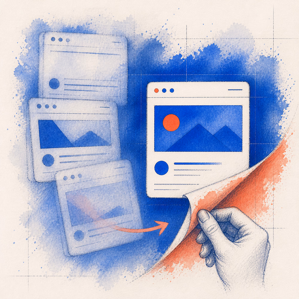 Watercolor illustration of stale social preview layers being peeled away to reveal one correct link card