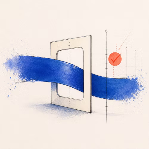 Watercolor illustration of a flexible blue title ribbon passing through a viewing frame instead of a rigid limit