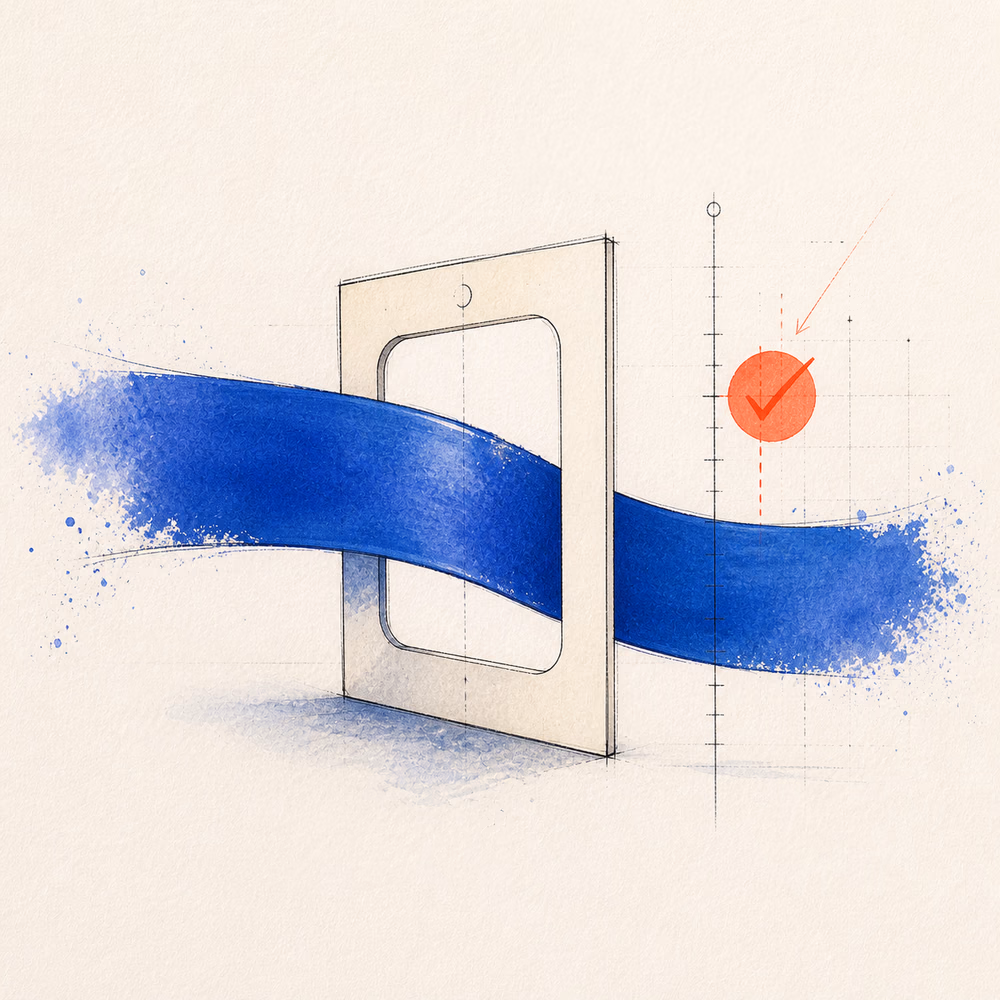 Watercolor illustration of a flexible blue title ribbon passing through a viewing frame instead of a rigid limit