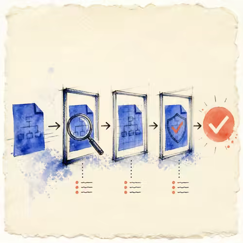 Watercolor illustration of a cobalt XML document passing through coral and cream inspection frames