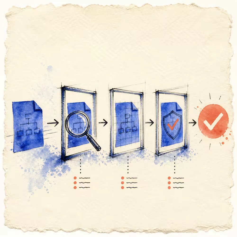 Watercolor illustration of a cobalt XML document passing through coral and cream inspection frames