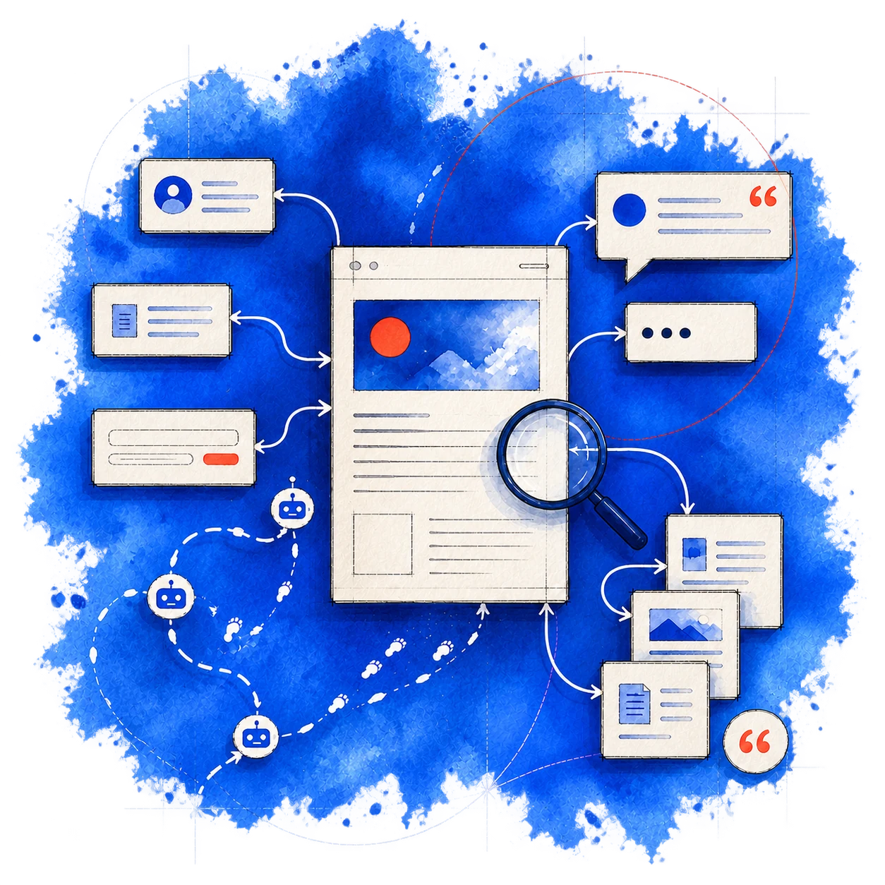 A website connected to user prompts, AI answers, agent paths, and cited source pages