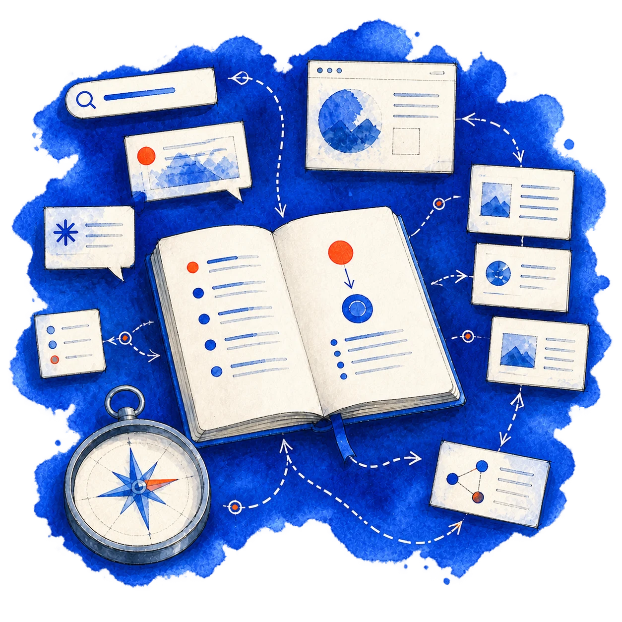 Search questions, AI answers, source pages, and agent paths converging into a strategy notebook