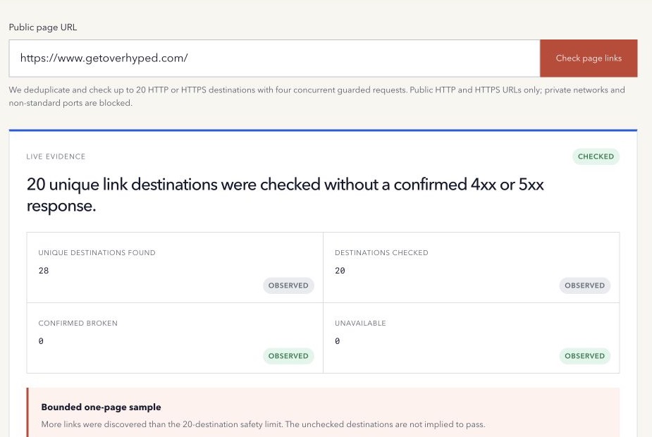 Broken Link Checker populated with the Overhyped homepage and a live summary of checked, broken, and unavailable destinations
