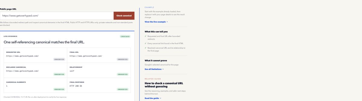 Overhyped Canonical Tag Checker comparing a requested URL, final URL, and self-referencing canonical