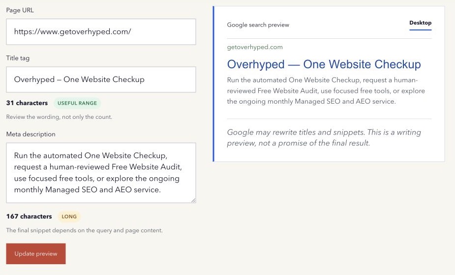 Google SERP Preview populated with the Overhyped homepage URL, title, and meta description beside an illustrative search result