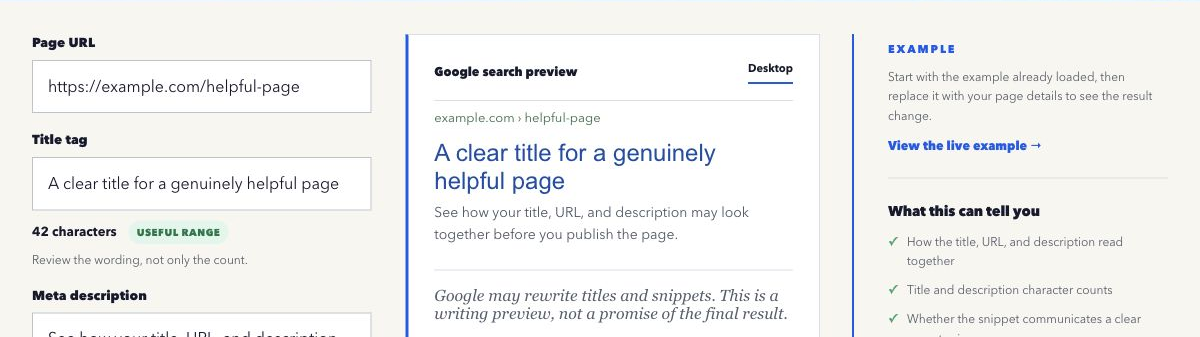Overhyped Google SERP Preview with editable page details and an illustrative search result