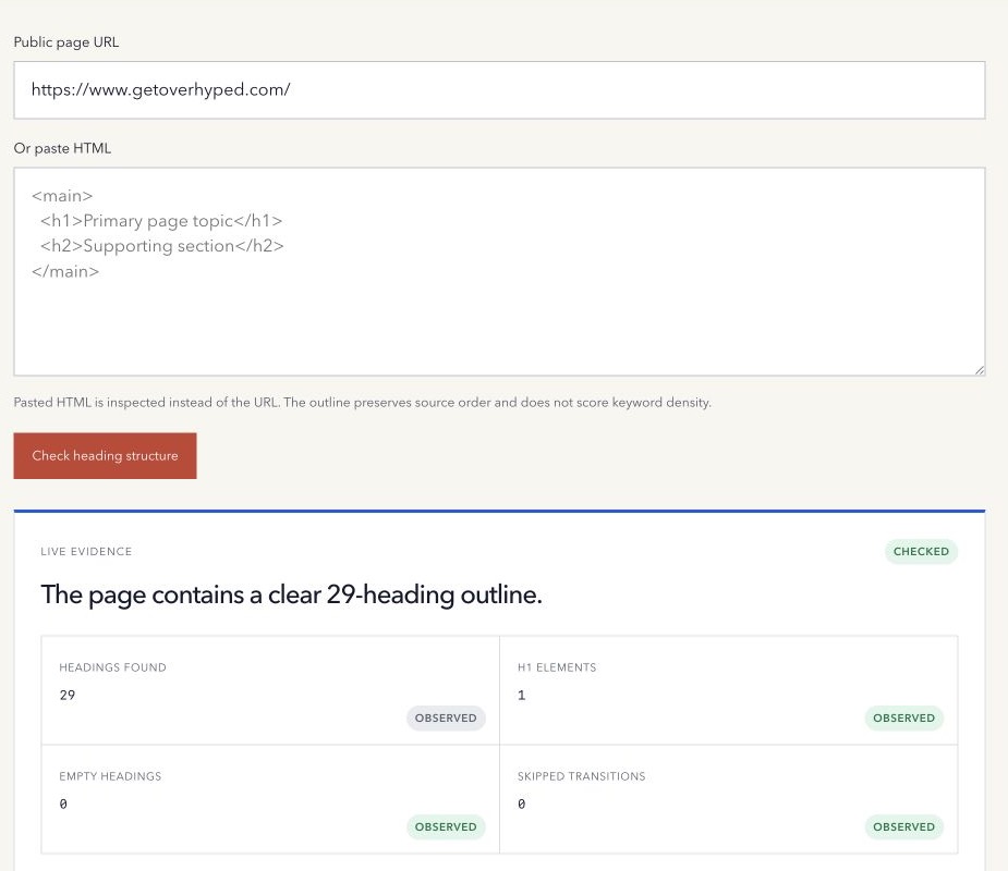 Heading Structure Checker showing Overhyped input and live evidence for heading count, H1 elements, empty headings, and skipped transitions