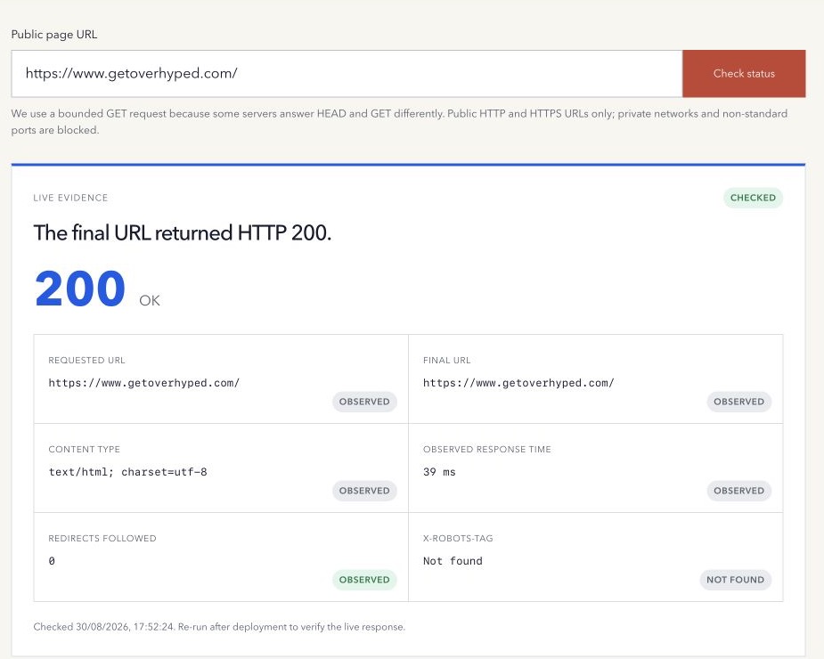 Overhyped HTTP Status Code Checker showing a successful final response and selected response evidence