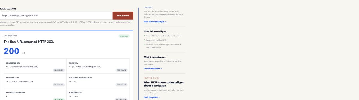Overhyped HTTP Status Code Checker showing a successful final response and selected response evidence