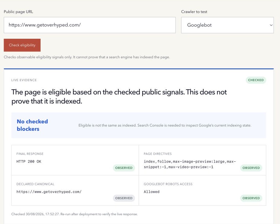 Overhyped Indexability Checker showing the public eligibility signals observed for the Overhyped homepage