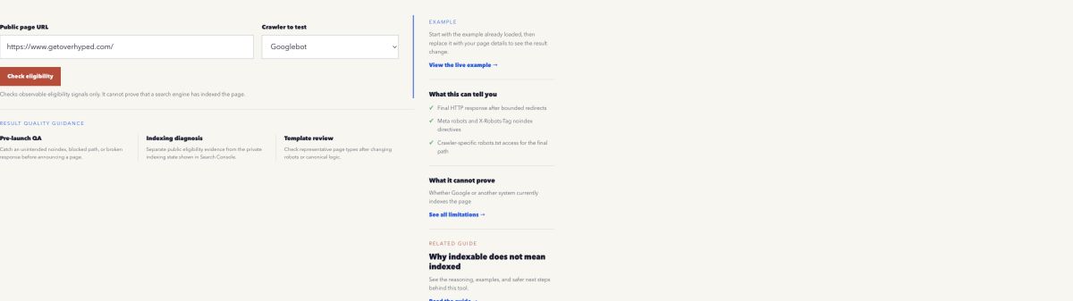 Overhyped Indexability Checker prepared to inspect a public URL for Googlebot eligibility signals