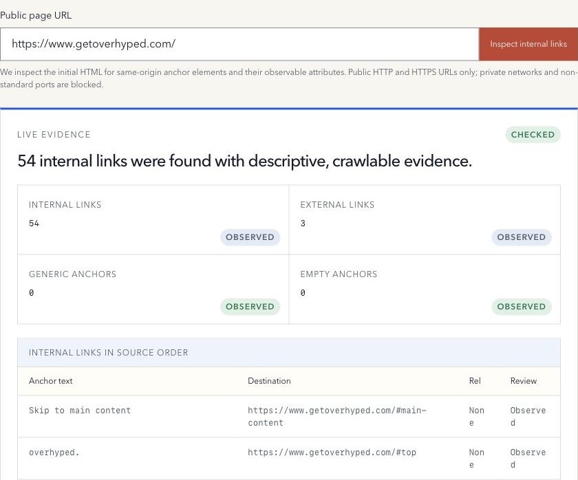 Overhyped Internal Link Checker showing source-page link evidence for the Overhyped homepage
