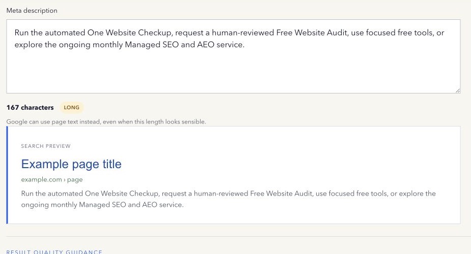 Overhyped Meta Description Length Checker with a writing range and snippet example