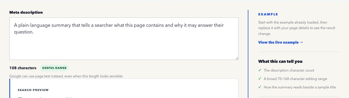 Overhyped Meta Description Length Checker with a writing range and snippet example