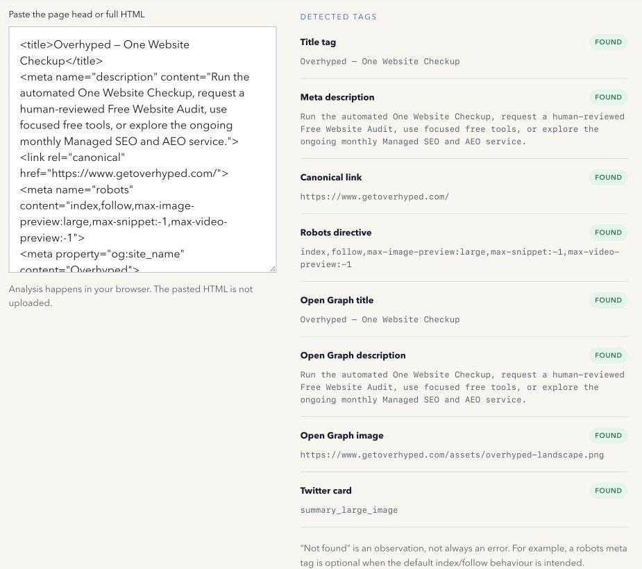 Overhyped Meta Tag Checker showing the title, description, canonical, robots, Open Graph, and Twitter metadata in an Overhyped example