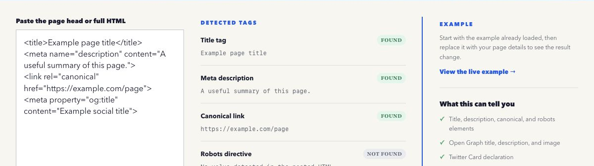 Overhyped Meta Tag Checker showing detected and missing metadata from pasted HTML