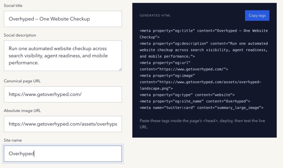 Overhyped Open Graph Tag Generator with page fields and escaped copy-ready HTML