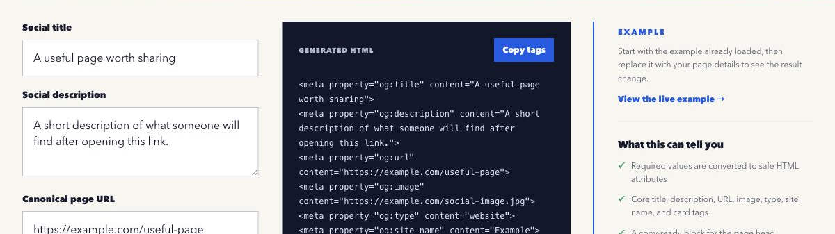 Overhyped Open Graph Tag Generator with page fields and escaped copy-ready HTML