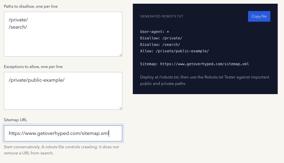 Overhyped Robots.txt Generator creating a conservative file from disallowed paths, allowed exceptions, and a sitemap URL