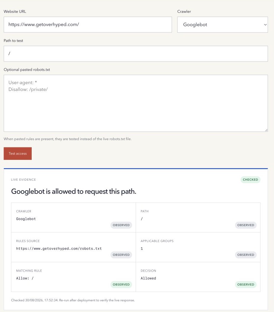Overhyped Robots.txt Tester showing that Googlebot is allowed to request the Overhyped homepage