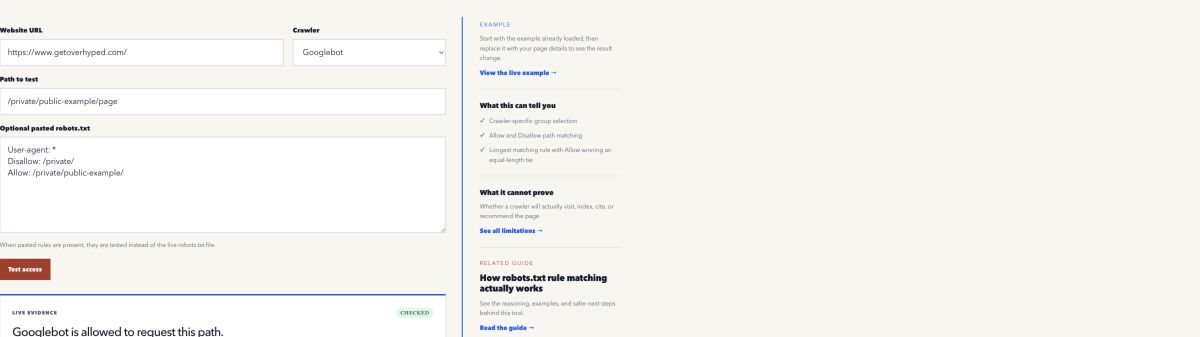 Overhyped Robots.txt Tester evaluating a named crawler and path against pasted Allow and Disallow rules