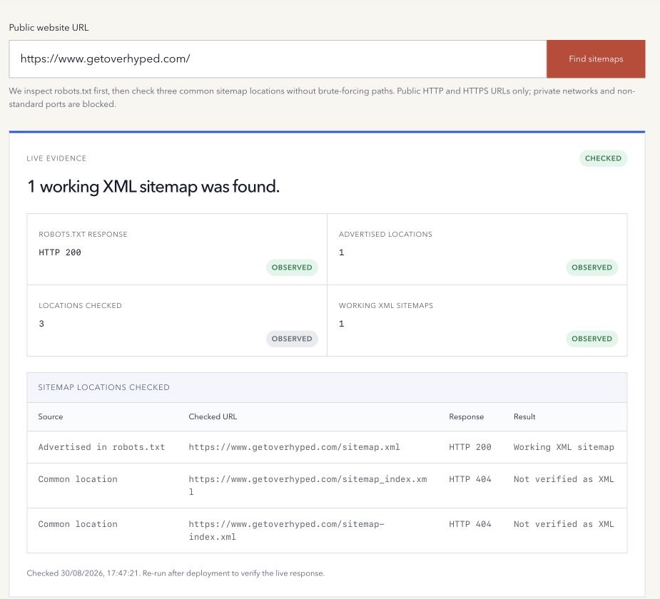 Sitemap Finder showing the Overhyped website URL and live evidence for its advertised working XML sitemap