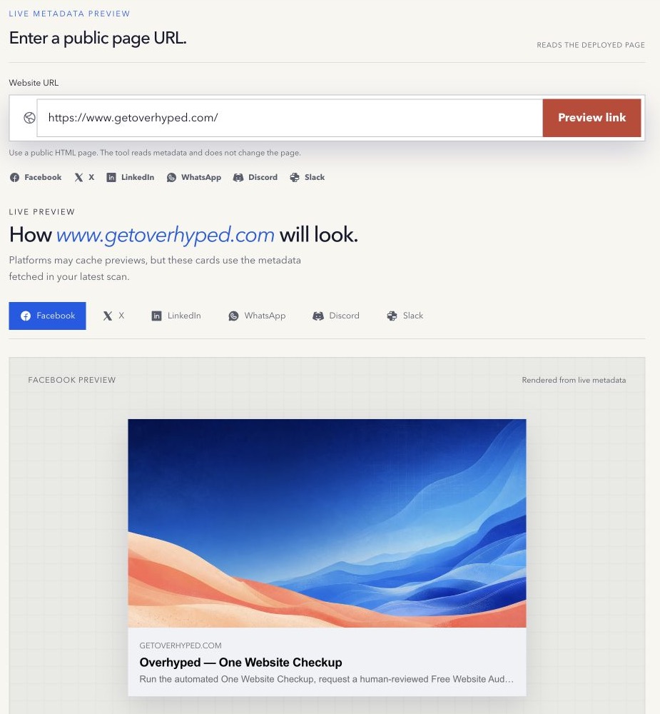 Overhyped Social Link Preview showing live metadata and a Facebook card for the Overhyped homepage